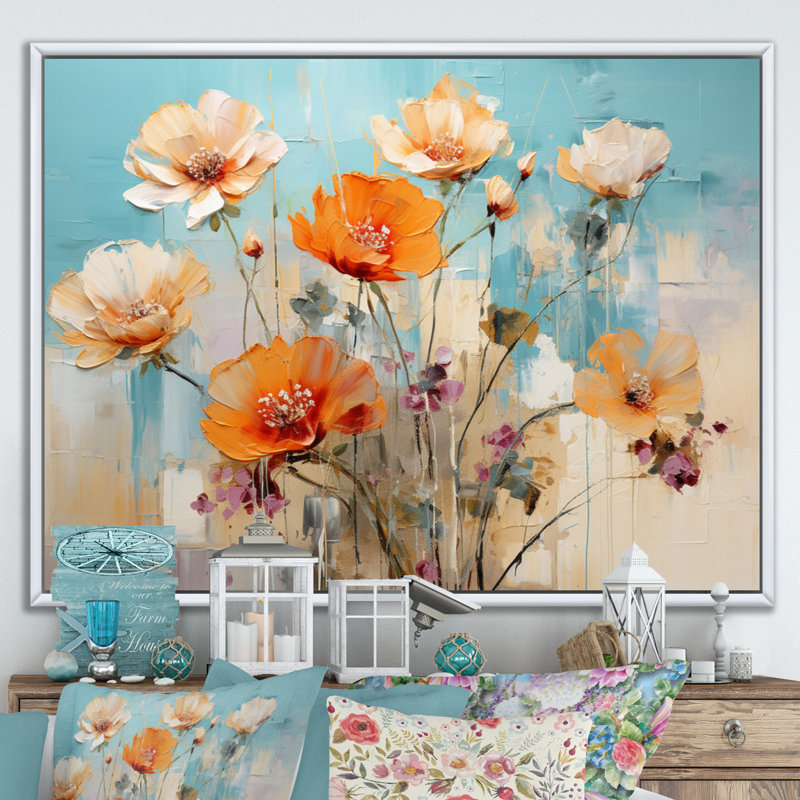 Représentation de cactus orange bleu - reproduction sur toile, H 24 po x l 32 po x P 1 po, Cadre flottant blanc