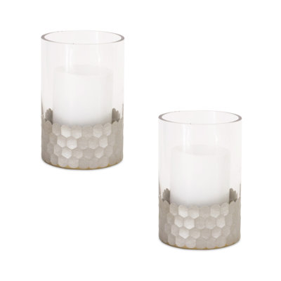 Ensemble de deux bougeoirs de table géométriques en verre transparent et argenté