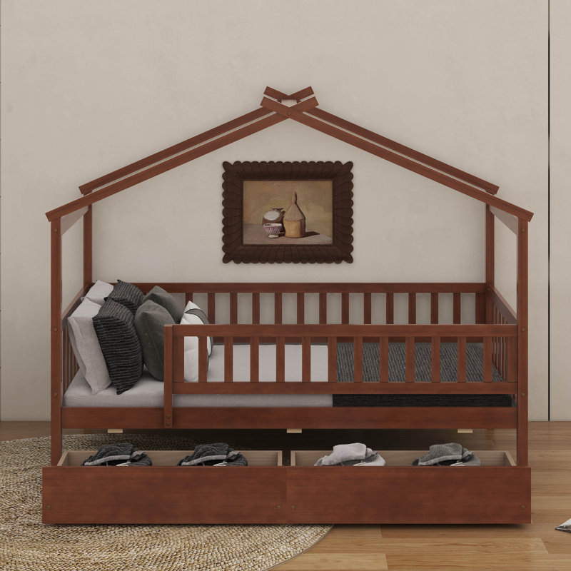 Lit simple en bois avec tiroirs, Noyer