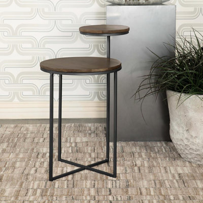 2 tables d'appoint de style rustique - bois de manguier naturel et base bronze industriel