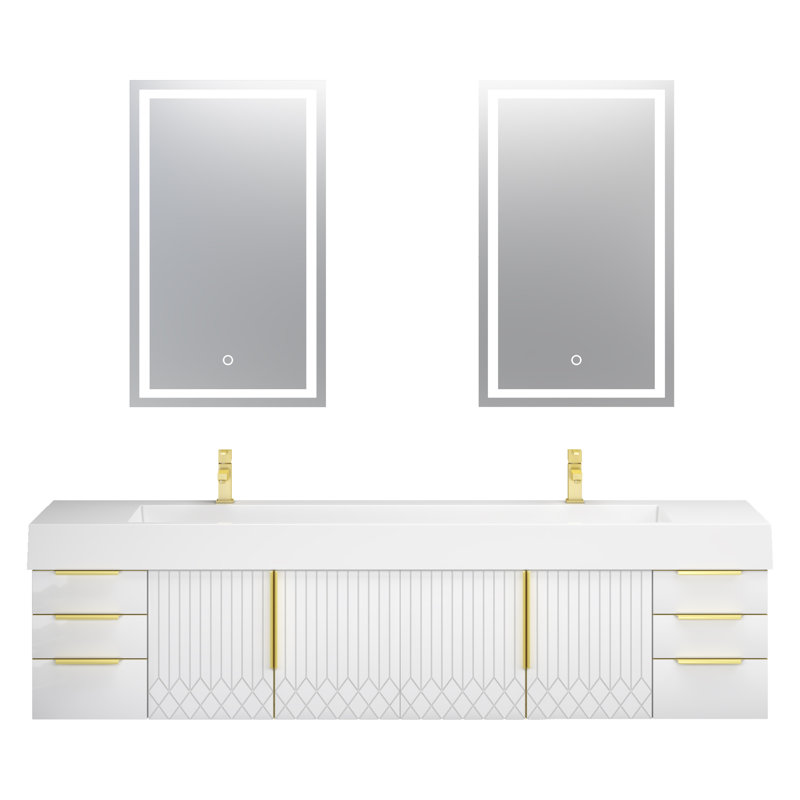 Meuble-lavabo flottant 84 po avec double lavabo en acrylique renforcé blanc brillant Milana