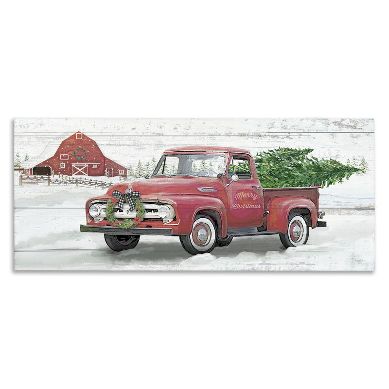 Camion de Noël sur toile de ferme enneigée, design par Mollie B., H 20 po x l 48 po