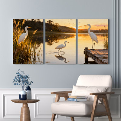 «White Heron Sunset Landscape», ensemble de 3 reproductions d'art sur toile tendues