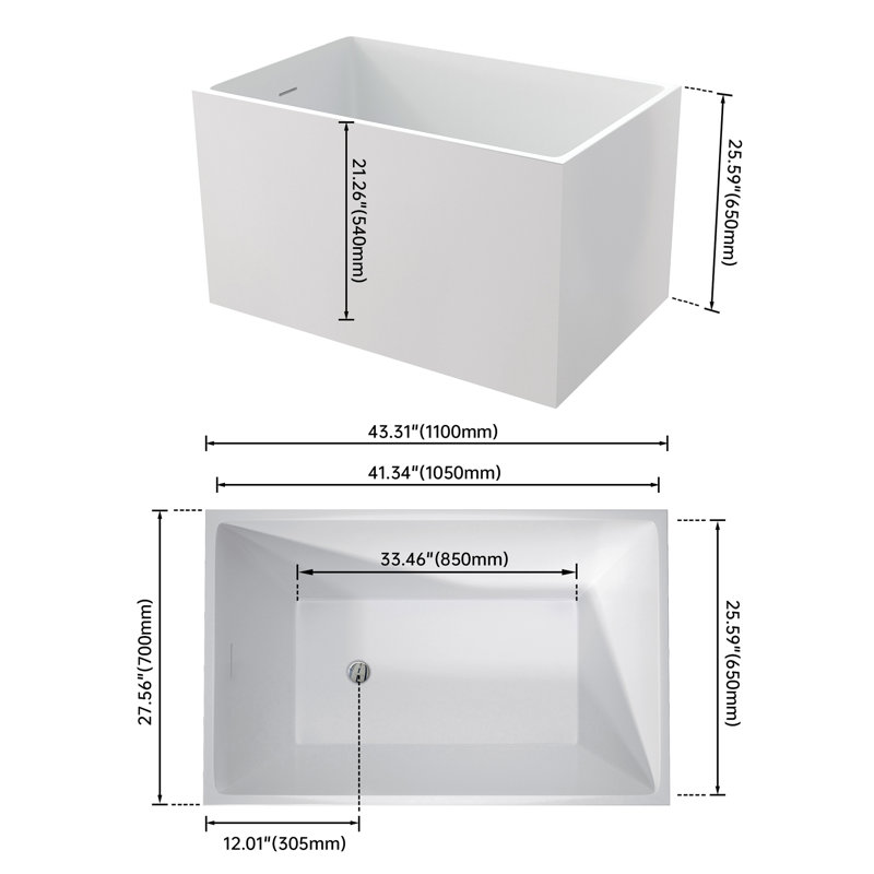 43" Acrylic Free Standing Bath Tubs Modern White Soaker Tub, Gloss White