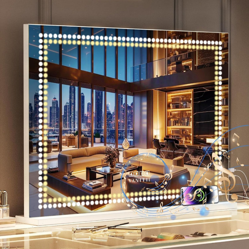 Miroir de salle de bain lumineux 32 "X23" avec haut-parleur Bluetooth, port de charge USB, 3 modes de couleur, miroir à DEL à intensité variable avec grossissement 10X, plateau de table à commande tactile ou fixation murale