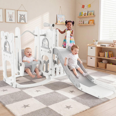 7-in-1 Toddler Activity Playground, Slide Swing Set with Climber & Interactive Toys