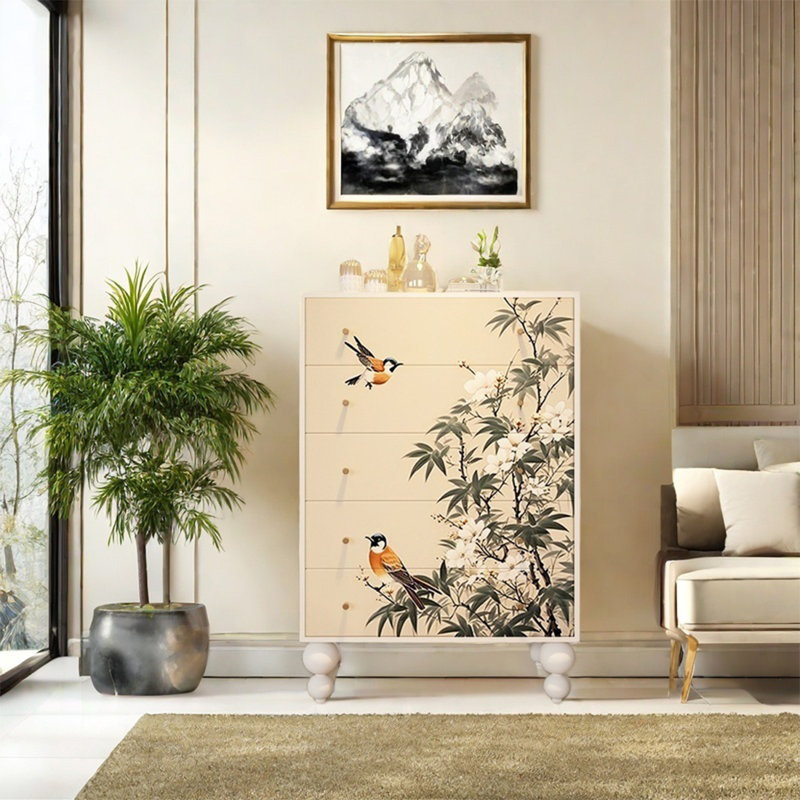 Elegant Pine Wood Cabinet with Five Drawers, White
