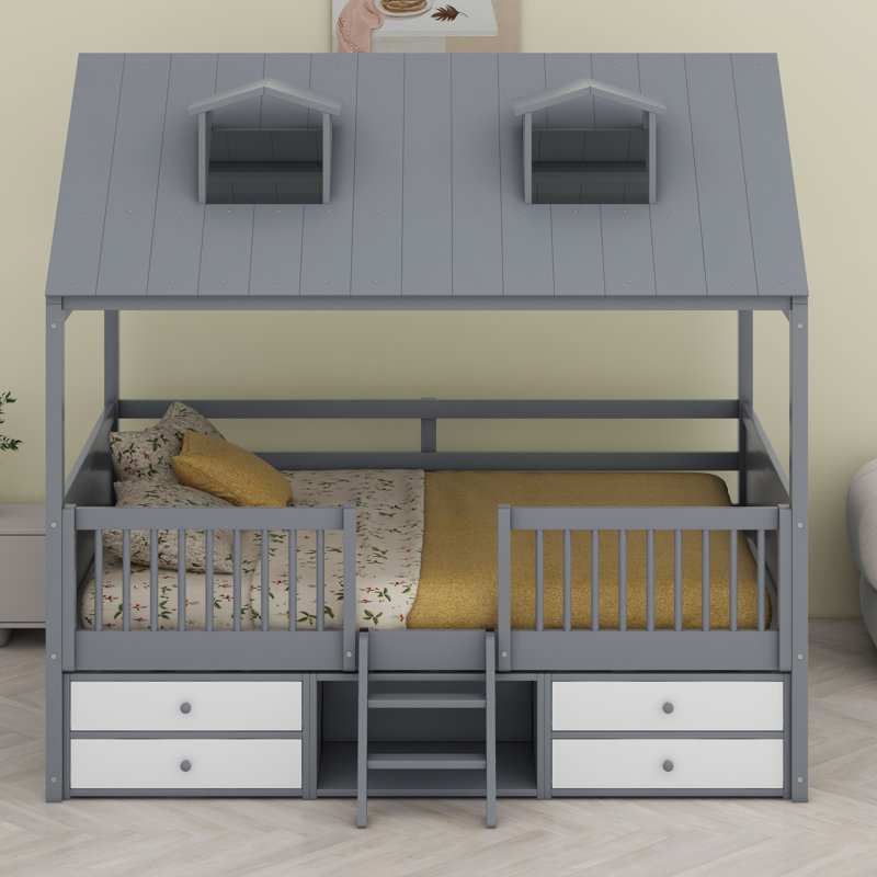 Structure de lit maison avec clôture sur toute la longueur, toit, échelle et 4 tiroirs de rangement, Double, Gris