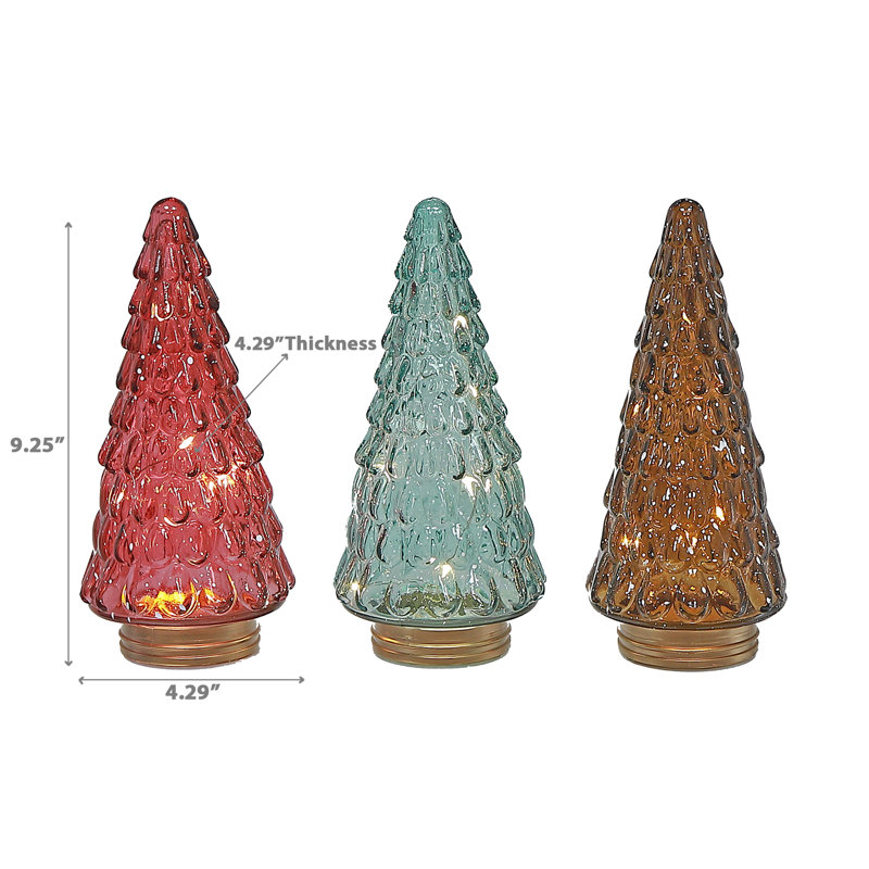 Décoration d'arbre à DEL en verre - ensemble de 3, H 9 po x l 5 po x P 5 po