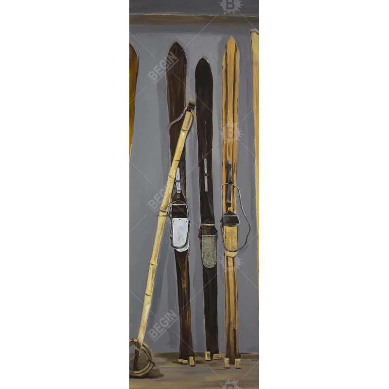 Bâtons de ski et skis rétro - décor de toile encadrée gris vacances