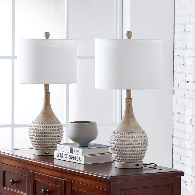 Feil 24.75" H 3-Way Dimmable Resin Table Lamp with USB (Set of 2), Brown