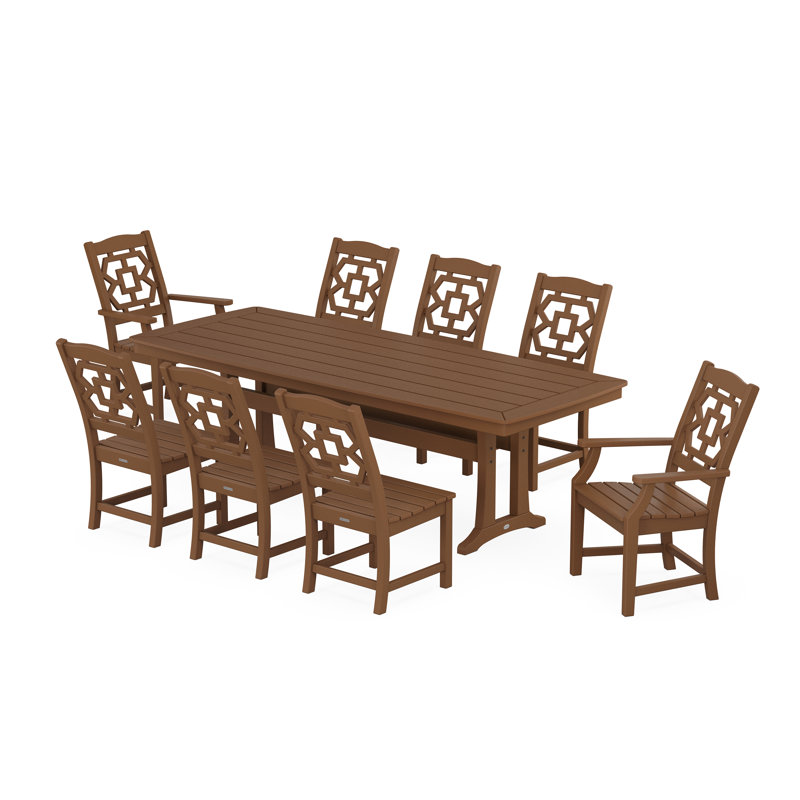 Ensemble repas 9 pièces Martha Stewart par POLYWOOD Chinoiserie avec pieds en tréteaux, Teck