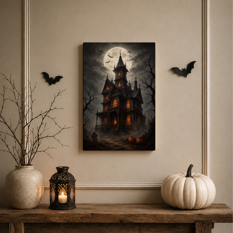 " Gothic Haunted House With Glowing Windows And Halloween " Painting, H 24 po x l 18 po