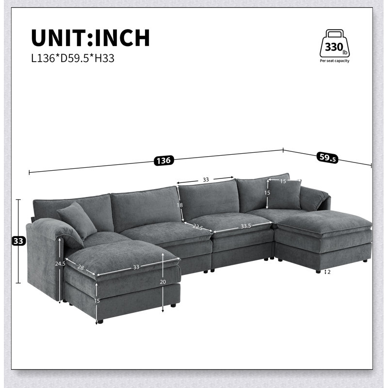 Luxueux canapé modulaire en chenille avec sièges profonds et repose-pieds mobiles pour le confort du salon, Gris foncé