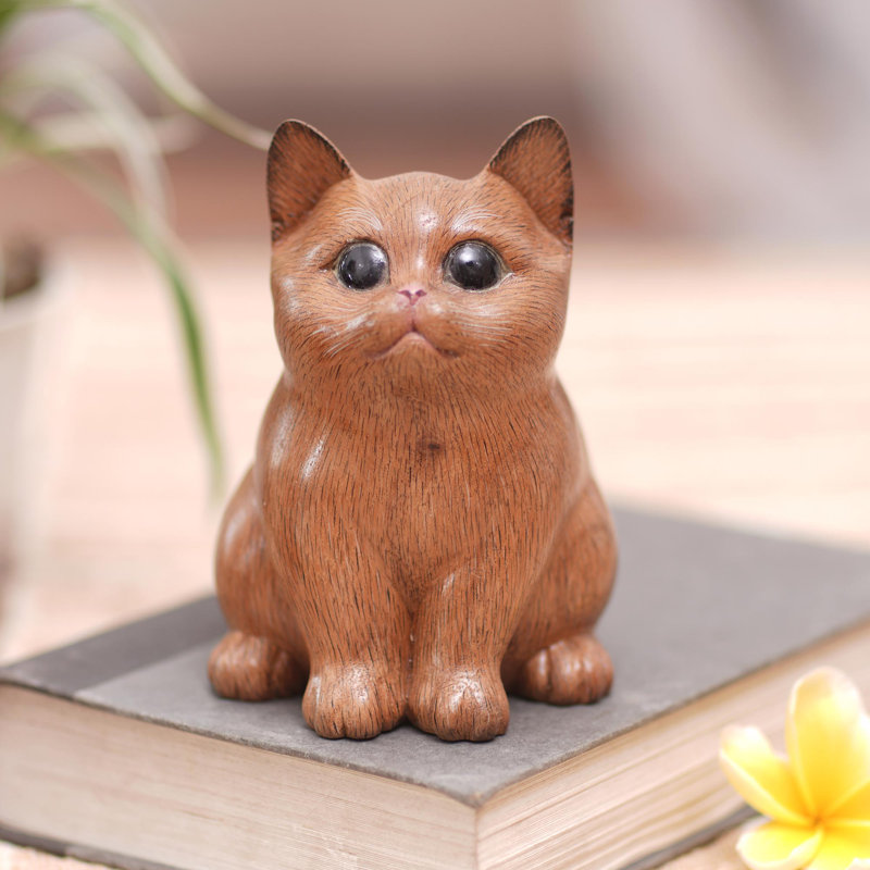 Novica Handmade Cozy Cat Wood Figurine