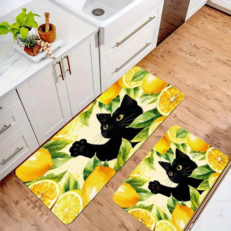 Tapis de cuisine jaune, jaune, citron et noir, 2 tapis fantaisistes pour la cuisine