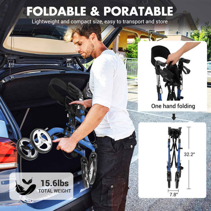 All Terrain Rollator Walker for Seniors with Seat, Foldable Lightweight Aluminum Walker with Adjustable Height for Adults