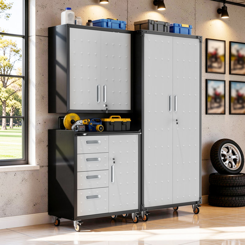Ensemble de rangement pour garage en 3 pièces : armoires métalliques à roulettes, armoire murale, coffre à outils roulant à 4 tiroirs et armoire à panneaux perforés haute, organisateur de coffre à outils verrouillable.