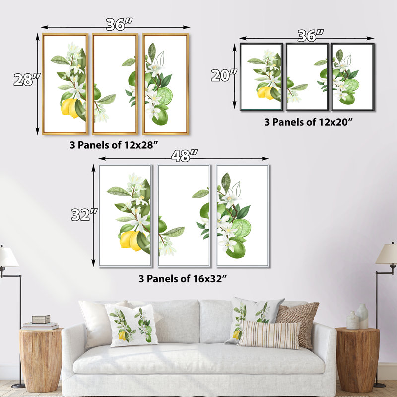Bouquets de branches de citronnier en fleurs - Peinture sur toile 3 pièces, H 28 po x l 36 po, Blanc
