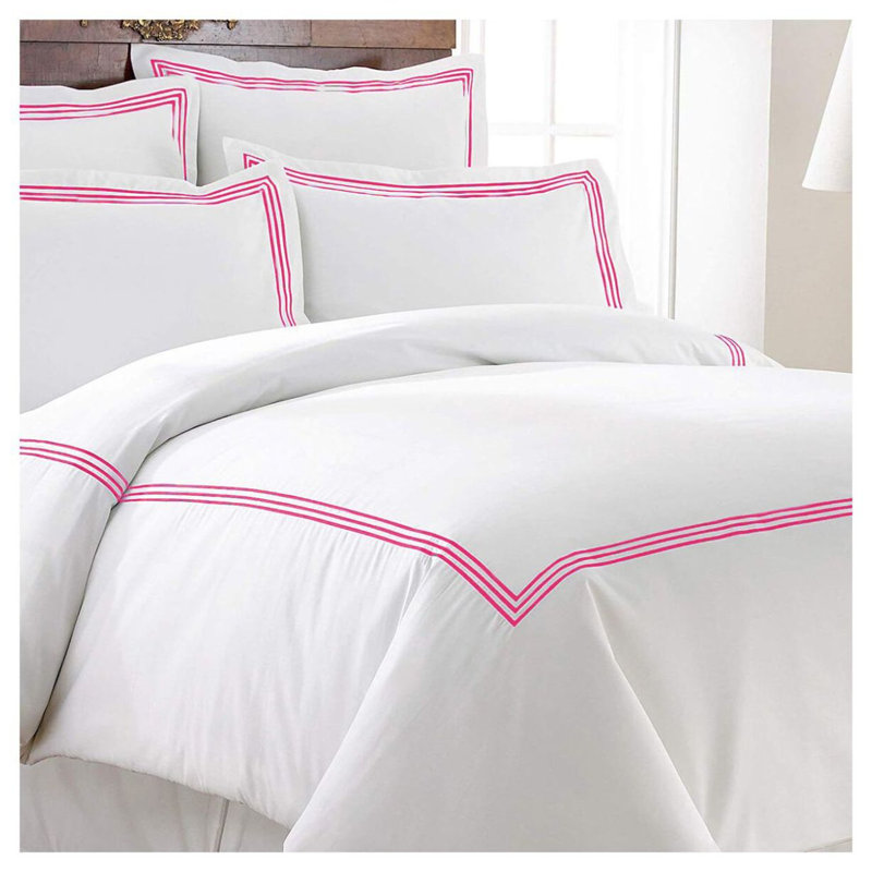 400TC Cotton Triple Embroidery Sateen Solid Duvet Cover Set, Twin/Twin XL Duvet Cover, White/Hot Pink