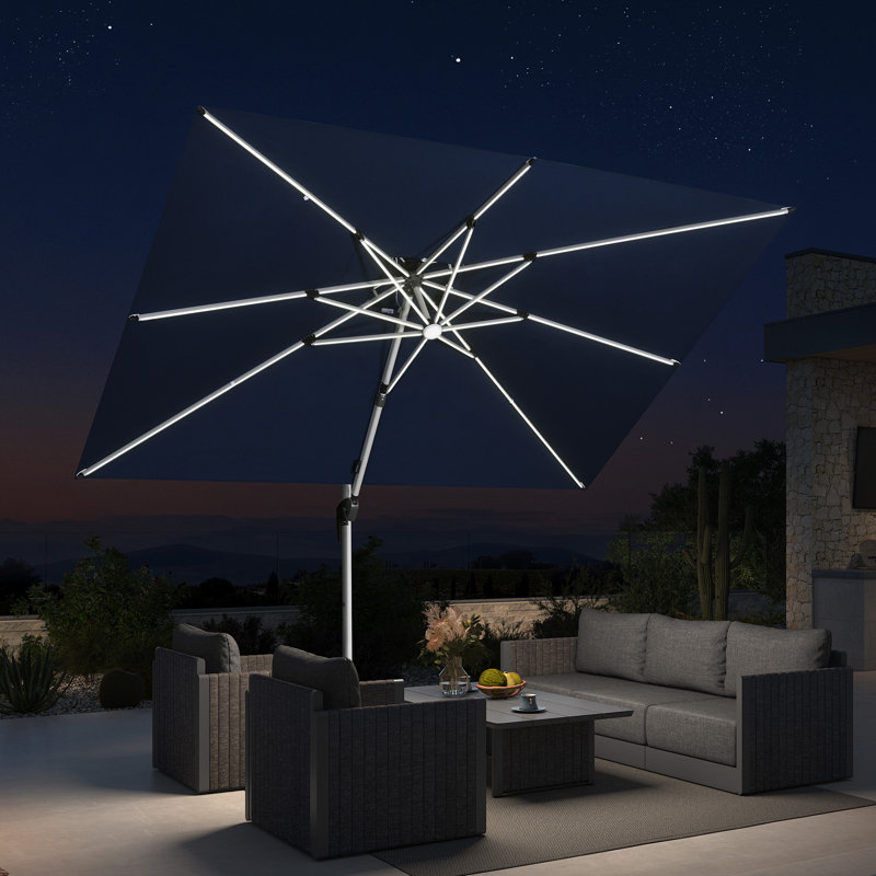 Parasol carré extérieur robuste à double dessus décalé 10 pi, avec lumières, tissu de qualité supérieure, avec base, bleu marine