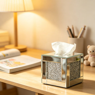 Mirrored Tissue Box Cover Holder with Crushed Diamond Crystals, Luxury Glass Facial Tissue Dispenser Organizer for Bathroom Vanity, Bedroom, Office Tabletop, Silver Finish