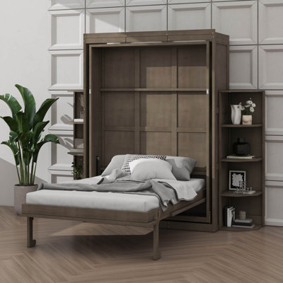 Full-Size Rotating Murphy Bed With Hidden Wall Unit, Dual 3-Tier Side Shelves, Desk, Extra Storage Racks And Wall-Mounted Bed Cabinet