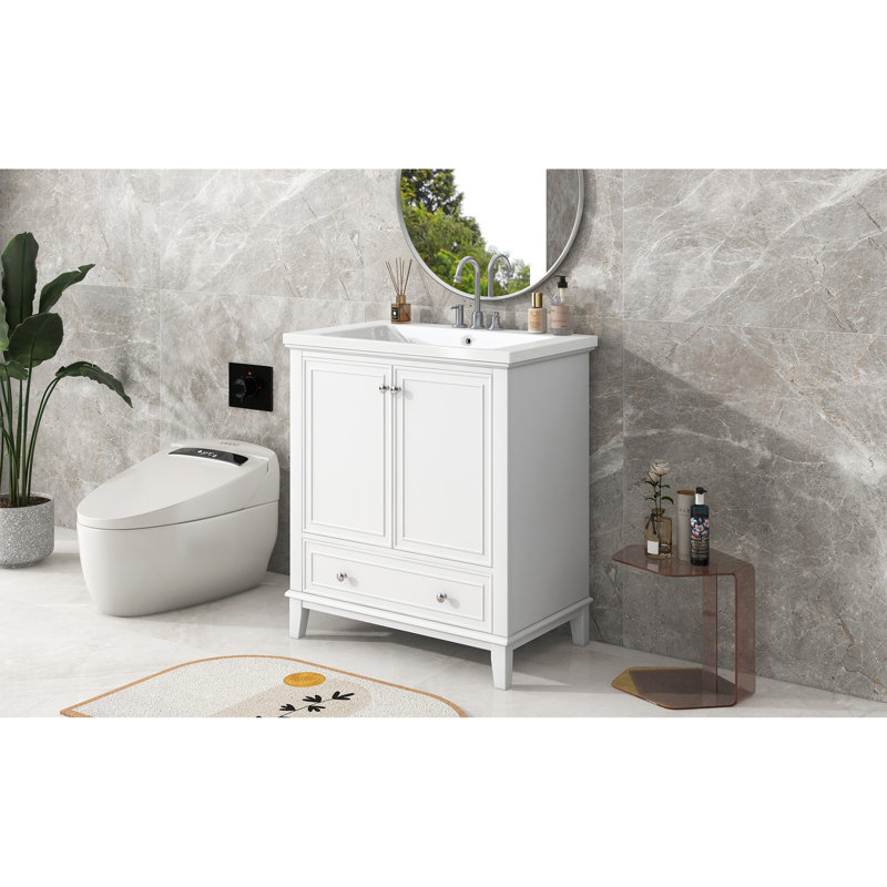 30" Bathroom Vanity With Sink Combo, Multi-Functional Bathroom Cabinet With Doors And Drawer,  Frame And MDF Board, White