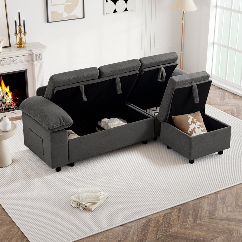 Waldorf 91.7" 3-Seat Sectional Sofa with Ottoman and Built-In Storage, Gray