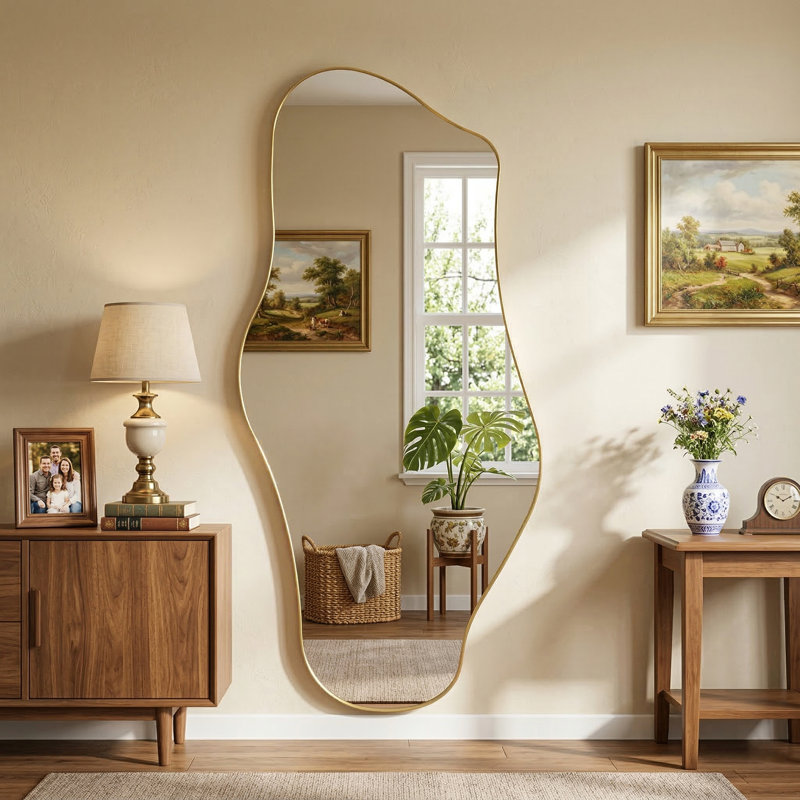 Modern Asymmetrical Full Length Wall Mirror with Gold Metal Frame, 63" x 28", Gold, 63"x28"