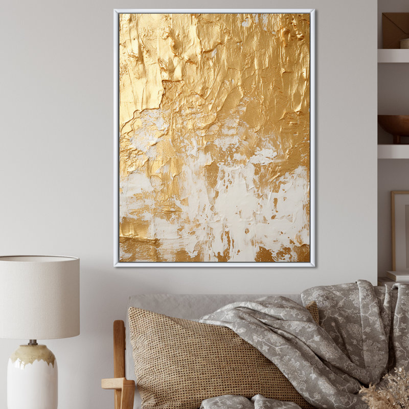 Gentle Abundance Retro Gold Abstract I - Peinture abstraite, art mural, H 32 po x l 16 po x P 1 po, Cadre flottant blanc