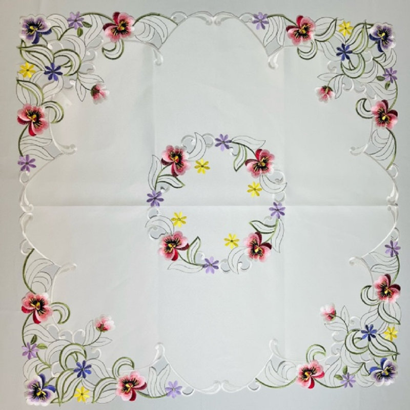Nappe brodée (carré 33 po) - Blanc / Bleu clair