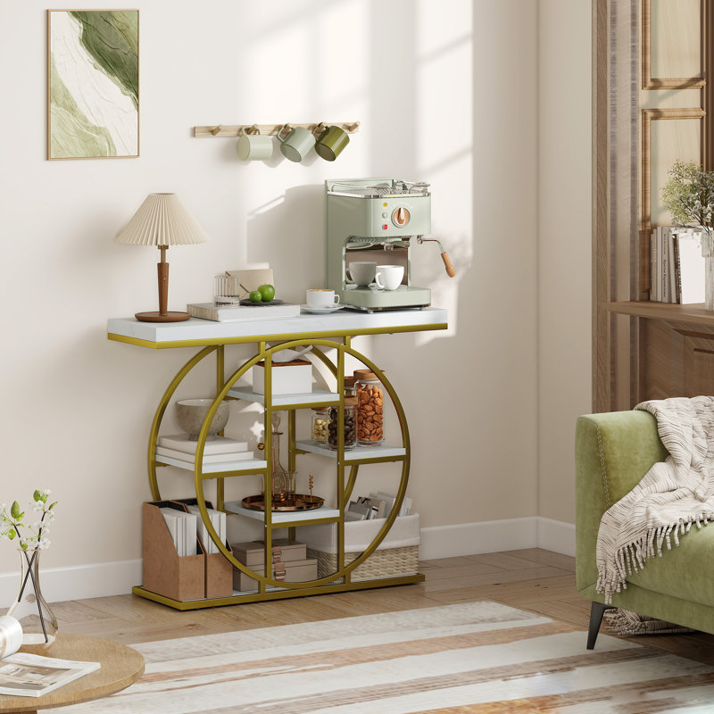 Console de 39,4 po, table de hall d'entrée industrielle avec tablettes de rangement et cadre circulaire en acier pour le salon, le couloir, le vestibule, effet marbre blanc