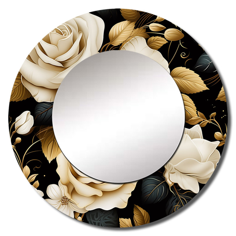 Elegant Beige Rose Harmony - grand miroir mural floral, miroir rond de style chalet, impression sur métal, 29 po x 29 po