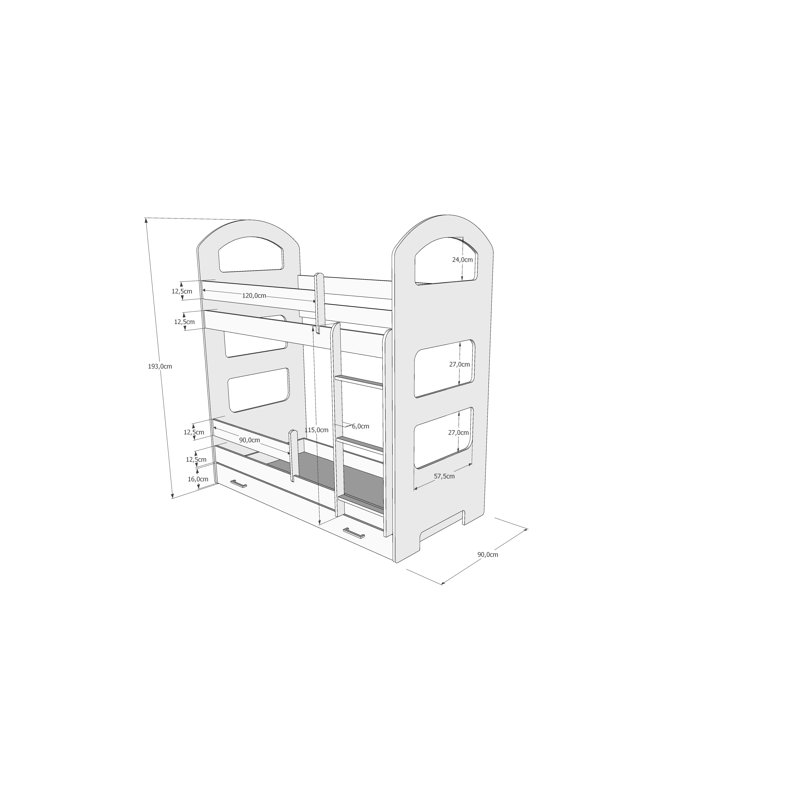 Peterkin Bunk Bed with Built-in Ladder Included, With Drawer, Blue, 80 x 160 cm