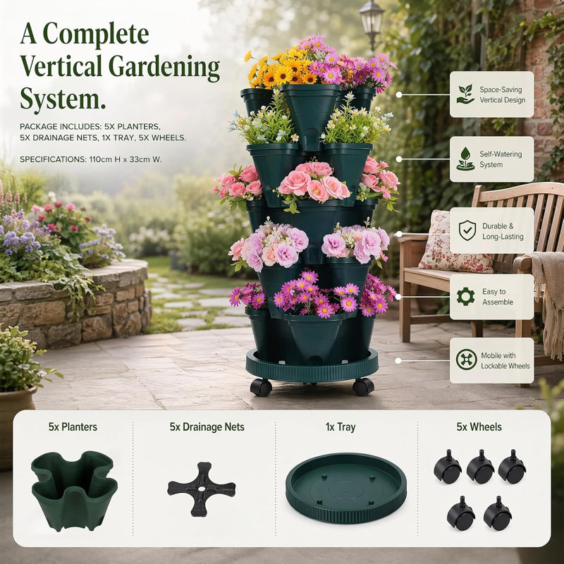 5 Tier Stackable Vertical Planter with Wheels for Strawberry Herb Flower Vegetable