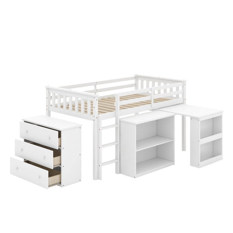 Twin Loft Bed With Drawer Cabinet, Shelf Cabinet And Pulling -Out Desk, White