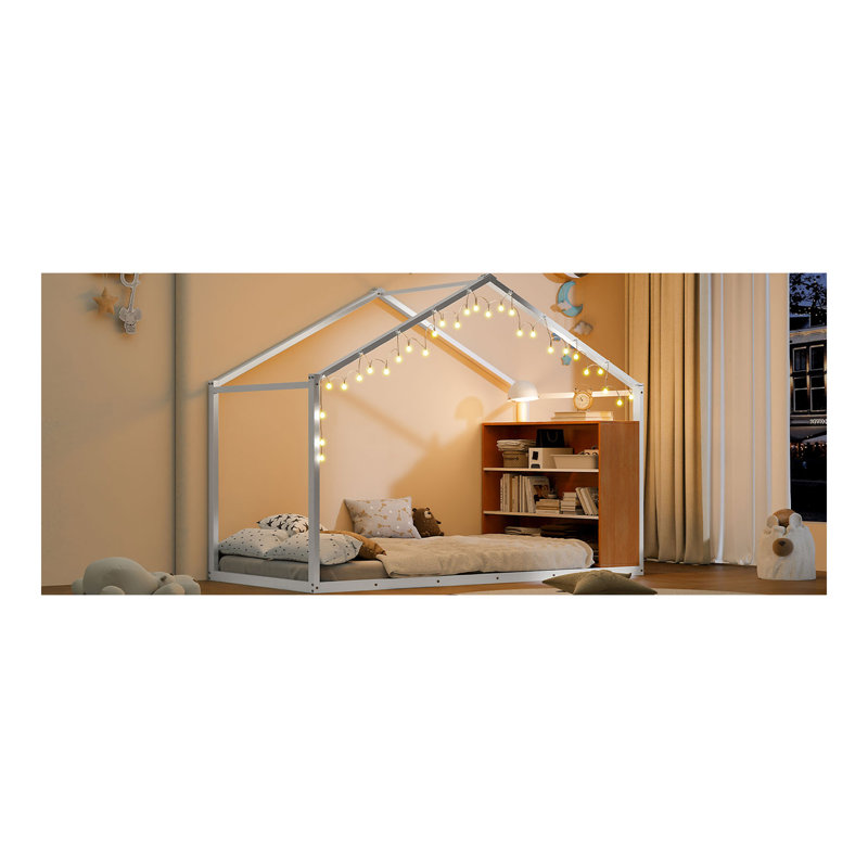 Structure de lit simple en métal avec tablettes et lumières, blanc, Lit simple, Blanc