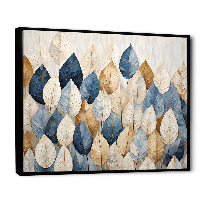 «Beige and Blue Minimalisme Leaves Collage I», art mural pour salon, H 12 po x l 20 po x P 1 po, Cadre flottant noir