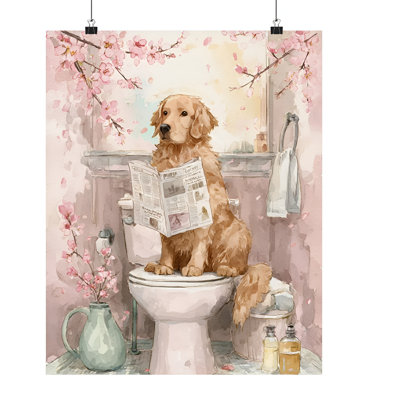 Golden Retriever, lecture d'un journal sur une toilette, art mural | Drôle de décor de salle de bain pour chien japonais | Affiche 16 x 20 mat