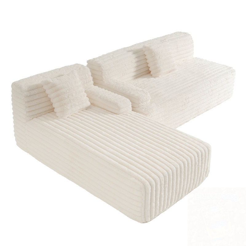 Canapé modulaire en L en fausse fourrure avec méridienne, Beige