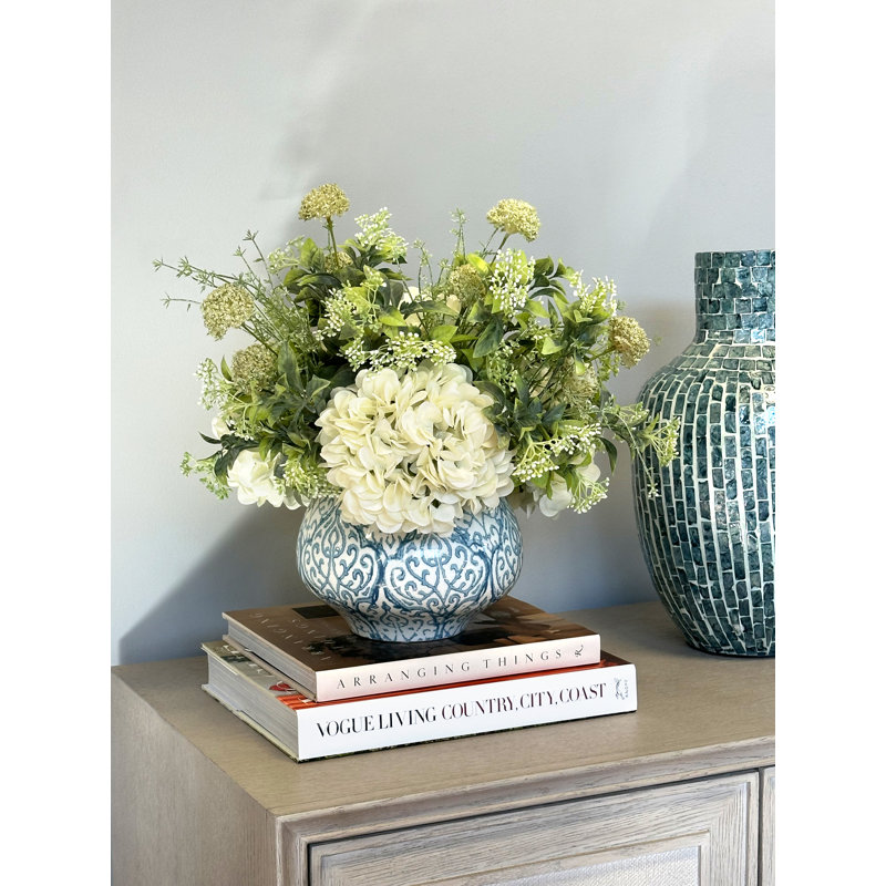 Hydrangea and Eucalyptus Faux Floral Arrangement, 16"H x 19"H x 19"D
