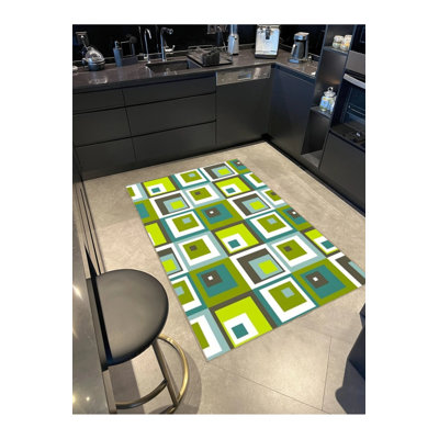 Tapis décoratif moderne à motif géométrique carré vert à motif géométrique