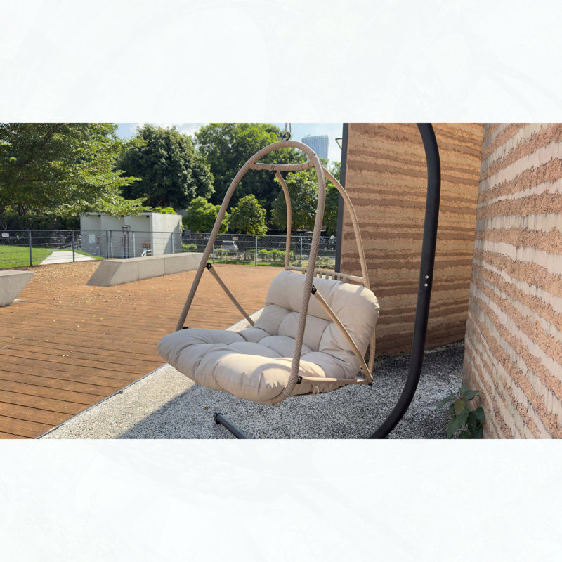 Fauteuil à œufs pliable suspendu en osier avec support et support de type C - porte-gobelet, coussin et oreiller, Beige, Brun
