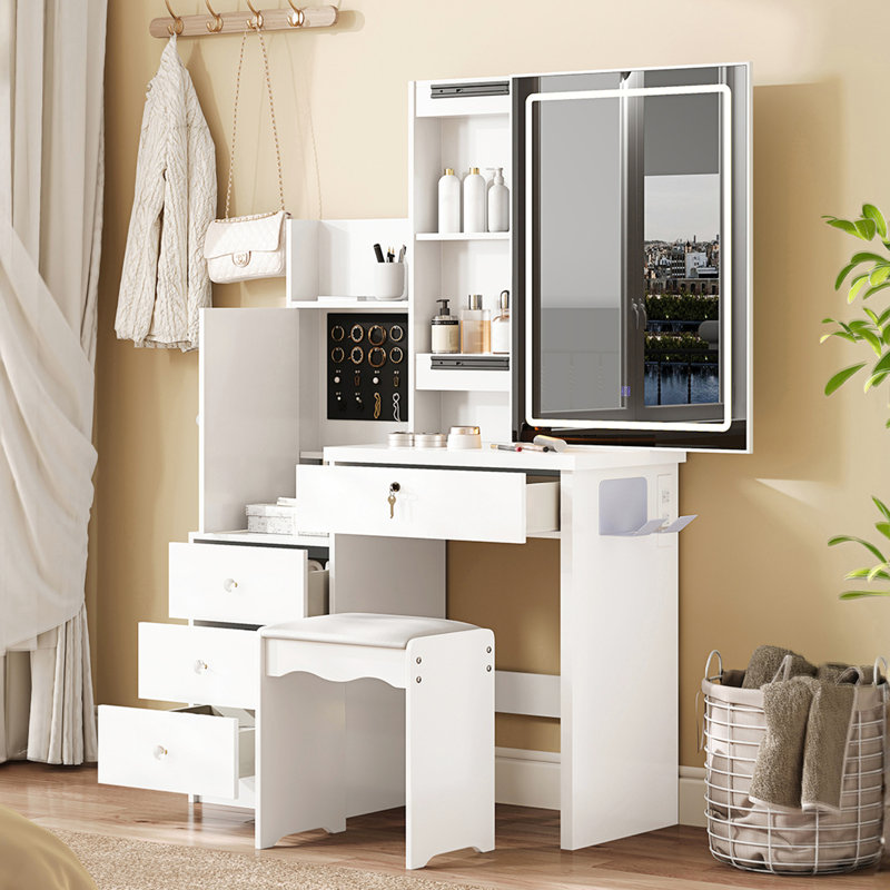 Bureau blanc avec miroir coulissant, 4 tiroirs, 9 espaces de rangement, compartiments cachés et tabouret rembourré. Miroir à DEL avec gradation continue de trois options de couleur. Hub d'alimentation intégré 2 prises CA, 1 type