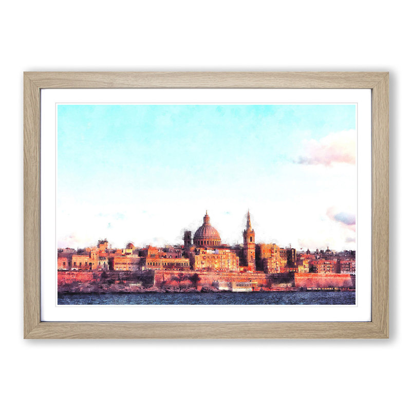 View of Valletta in Malta - Picture Frame Painting Print on MDF, 33cm H x 45cm W x 2cm D, Oak Framed