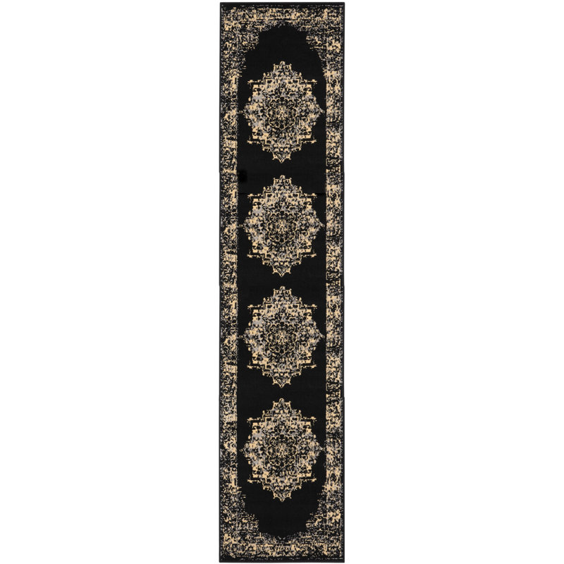 Burnie Oriental Black/Cream Area Rug, Runner 2'3" x 12'