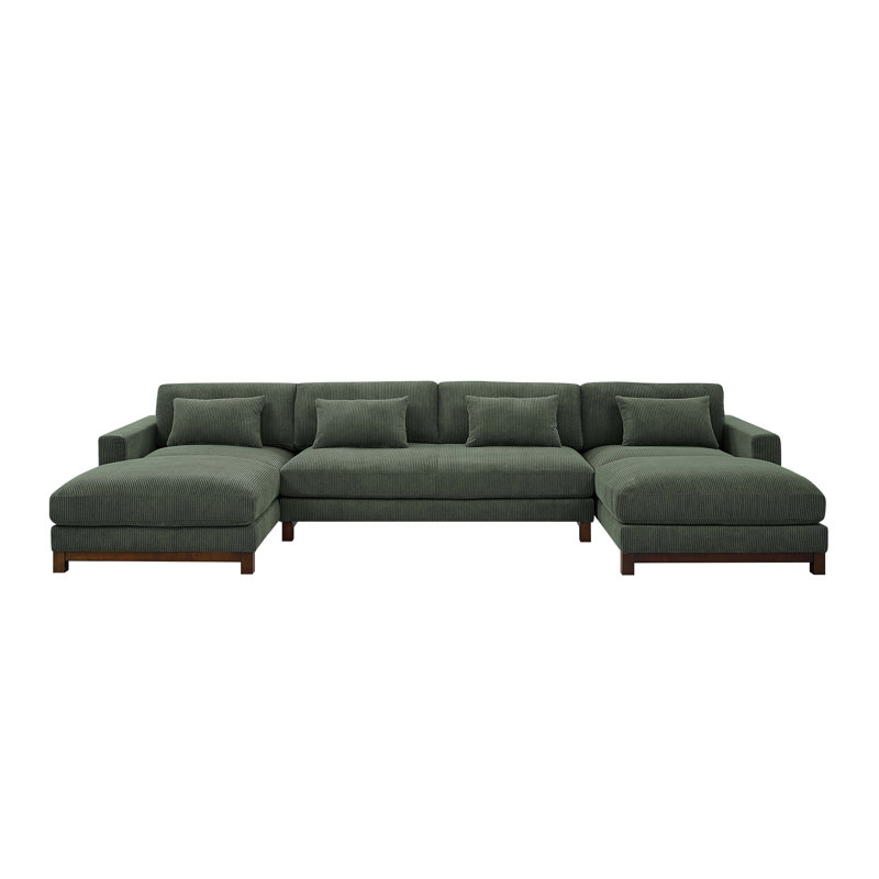 Stever Corduroy U-Shaped Sectional Symmetrical, Dark Green Corduroy