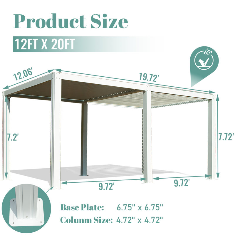 Aluminum Pergola White Gazebo with Louvered Roof, 20 ft x 12 ft