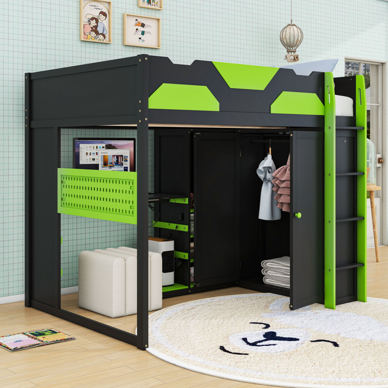 Full Loft Bed with RGB LED, USB Charging, and Adjustable Desk, Green